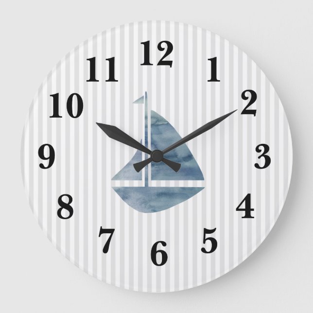 Bleu Nautique Bleu Stripe Preppy Grande Horloge (Recto)