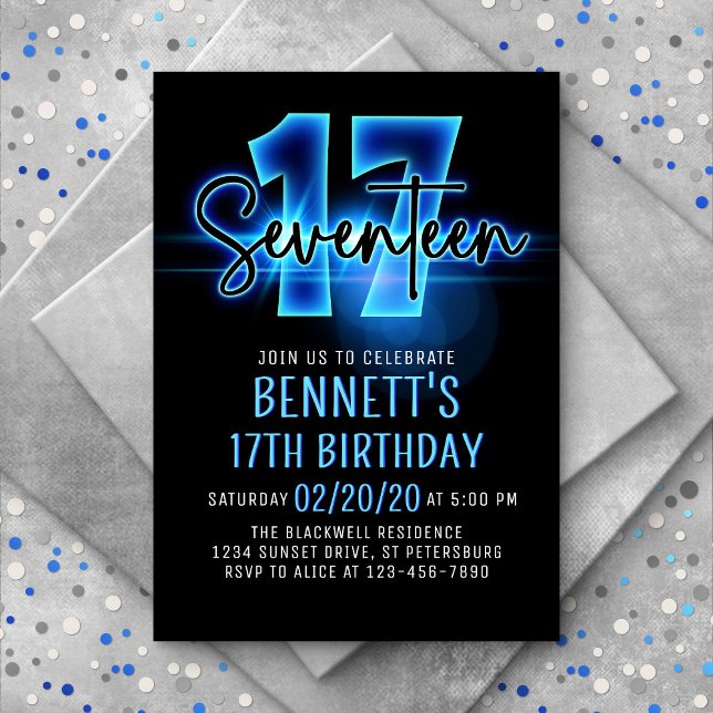 Bleu néon 17ème anniversaire Invitation (Créateur téléchargé)