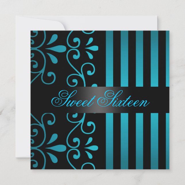 Bleu/Noir Bande & Balayage Sweet 16 Invitation (Devant)