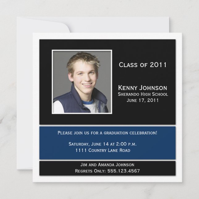 Bleu noir blanc Photo Graduation Invitation (Devant)