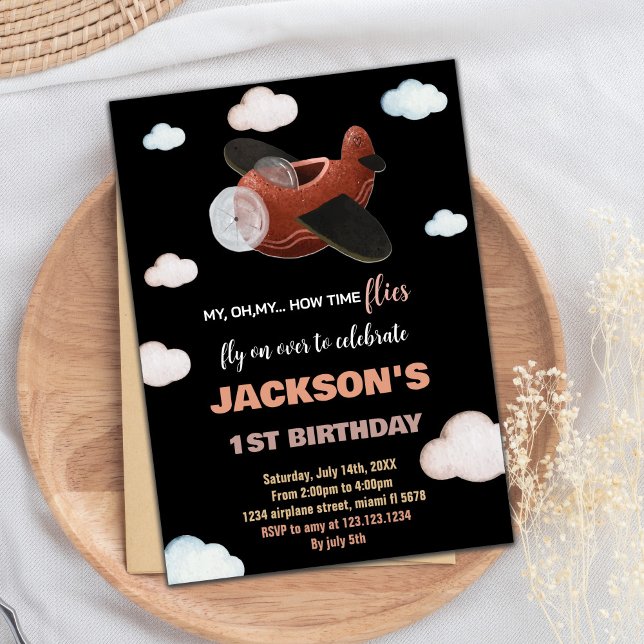 Bleu noir Brown avion Invitations d'anniversaire (Black Blue Brown Airplane Birthday Invitations)