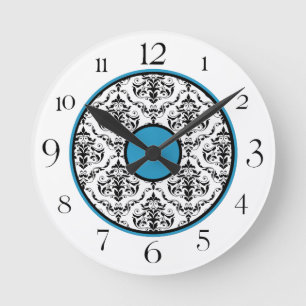 Bleu noir et blanc Damas Elégante horloge ronde