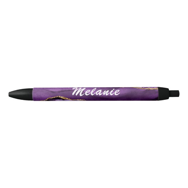 Bleu Nom personnalisé Stylo Agate violet marbre d'or (Devant)