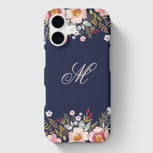 Bleu Nuit Rose Floral Monogramme Initial Personnal