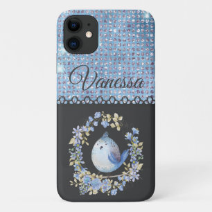 Bleu oiseau dans couronne fleurie iPhone / coque i