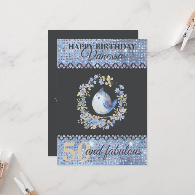 Bleu oiseau en couronne florale carte d'anniversai (Devant/Arrière en situation)