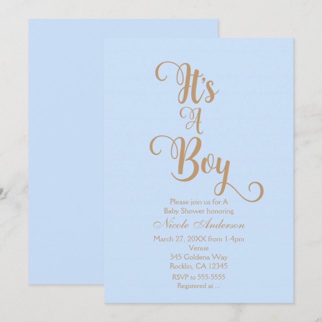 Bleu & Or C'est un garçon Baby Shower Invitations (Devant / Derrière)