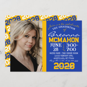 Bleu & Or Moderne Graduation Photo Invitation