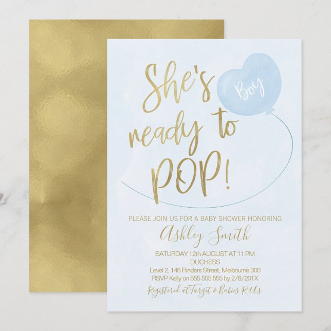 Bleu Or Prêt À Pop Baby shower Invitation (Devant / Derrière)