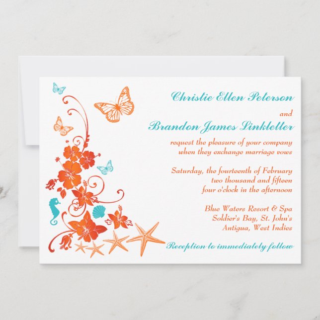 Bleu, Orange, Blanc Tropical Beach Invitation de m (Devant)
