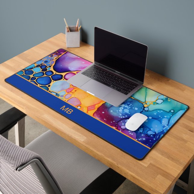 Bleu orange Turquoise Encre d'alcool Monogramme fl (Bureau 2)