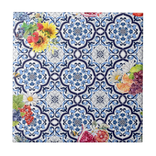 Bleu Orné Fruité Florale Baies Carreaux siciliens (Devant)
