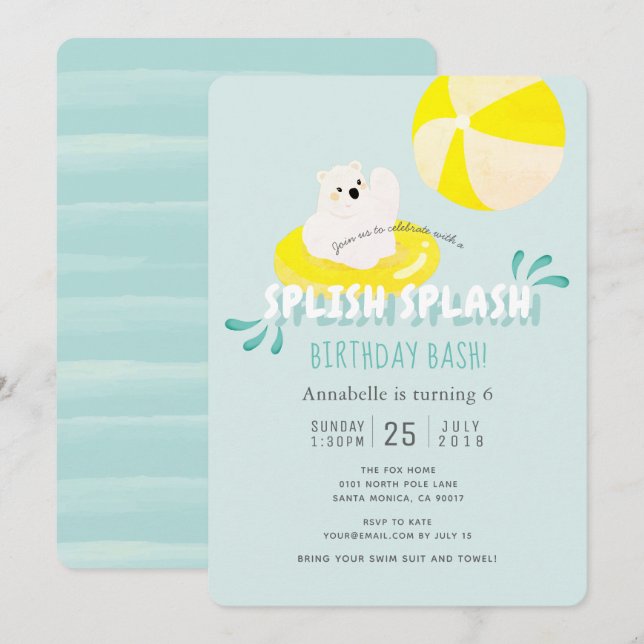 Bleu Ours Polaire Splish Splash Invitation Anniver (Devant / Derrière)