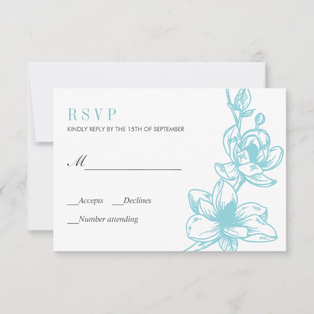 Bleu pâle | Fleurs de Magnolia | Mariage RSVP (Devant)