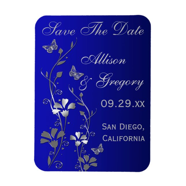 Bleu, Papillon Argent Floral Save Date Magnet (Vertical)