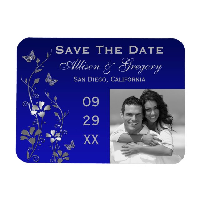 Bleu, Papillon Argent Floral Save Date Magnet (Horizontal)