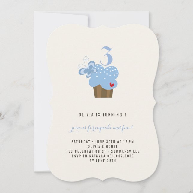 Bleu papillon Cupcake fille Invitation de fête d'a (Devant)