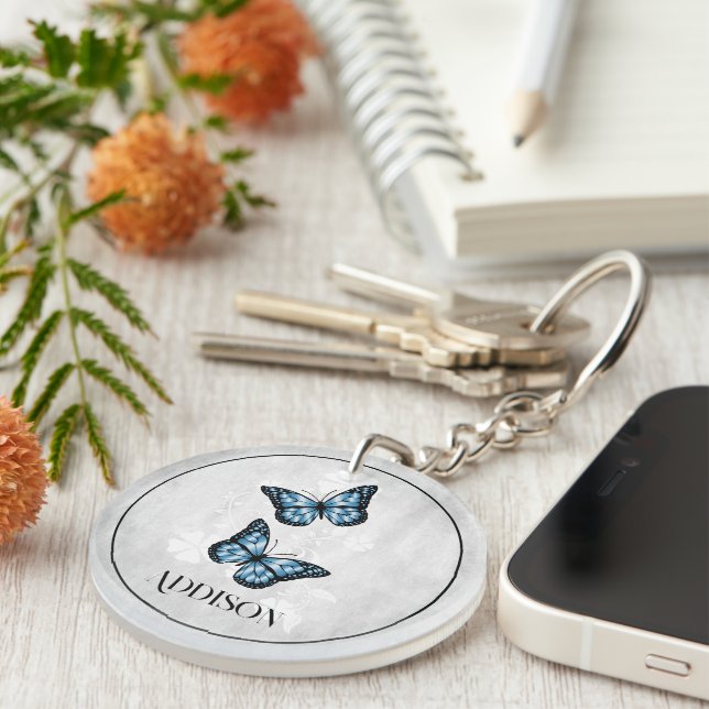Bleu papillon Floral Porte - clé personnalisé (Devant droit)