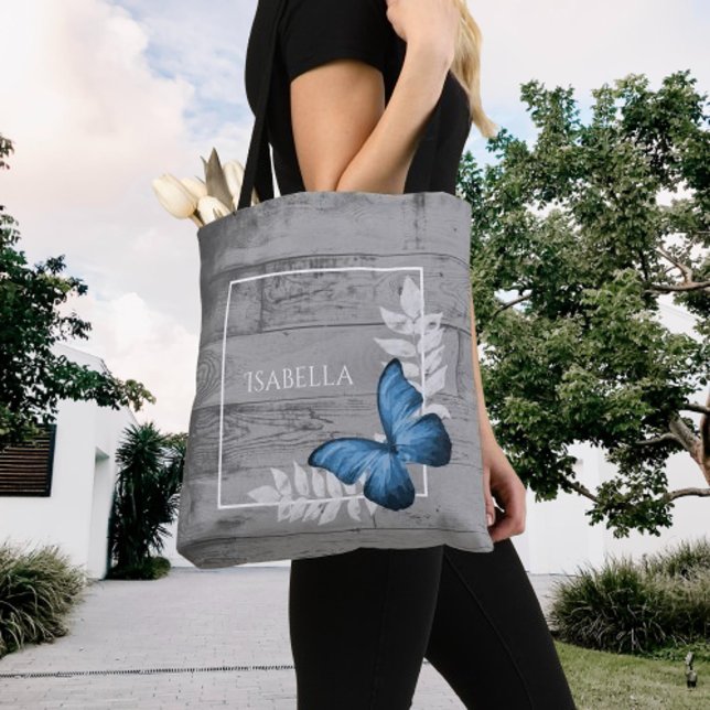 Bleu papillon Rustique Sac fourre-tout personnalis (Blue Butterfly Rustic Personalized Tote Bag)
