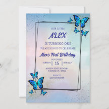 Bleu papillons Invitation fête d'anniversaire