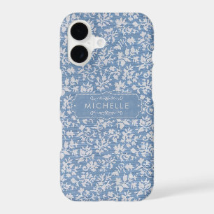 Bleu pastel doux et motif floral bohème gris blanc