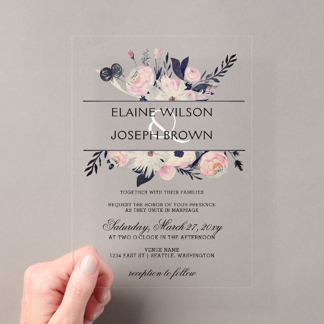 Bleu & Pêche rose Floral Printemps Invitation de m (In situ (ordinateur de poche))