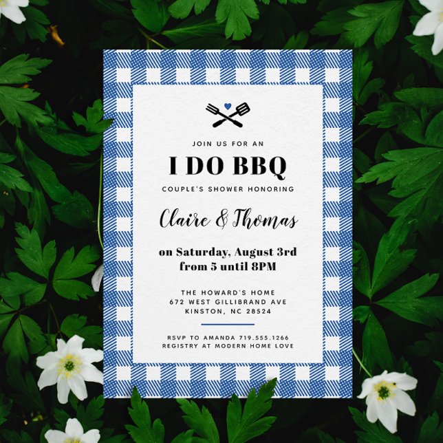 Bleu Picnic Plaid Cloth I Do BBQ Invitation (Blue and white sweet country gingham plaid I Do BBQ wedding party invitation )