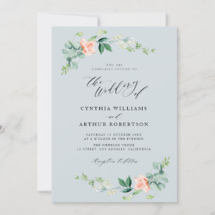 bleu poussiéreux et faire-part de mariage à fleurs