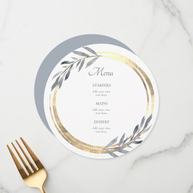 bleu poussiéreux et faux or élégant Menu (Devant/Arrière en situation)