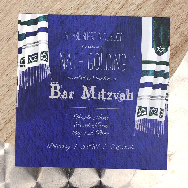 Bleu, Prière Argent Tallit Bar Mitzvah Invitation (Unique Royal Blue Square Bar Mitzvah Invitation with Striped Tallit Prayer Shawls, Striped Silver)