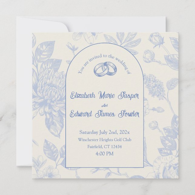 Bleu Riche Toile Florale Français Invitation Flora (Devant)