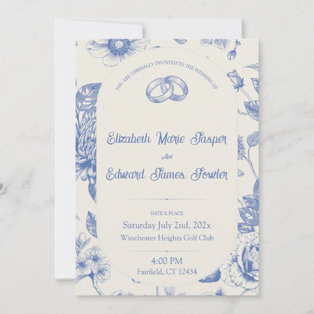 Bleu Riche Toile Florale Français Invitation Flora (Devant)