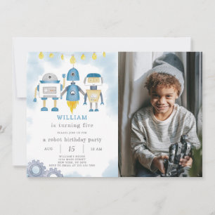 Bleu Robot Invitation Anniversaire Avec Photo