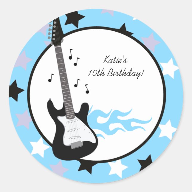 Bleu Rock Star Anniversaire Favoriser Stickers (Devant)