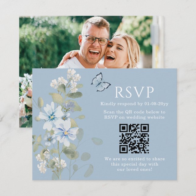 Bleu romantique Floral RSVP QR Code Mariage photo (Devant / Derrière)