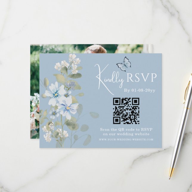 Bleu romantique Floral RSVP QR Code Mariage photo (Devant/Arrière en situation)