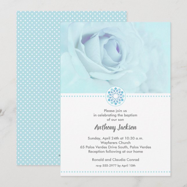 Bleu Rose Christening, Baptême Invitations (Devant / Derrière)