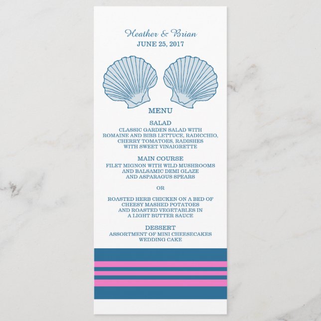 Bleu rose coquillages marins Menu Mariage (Devant)