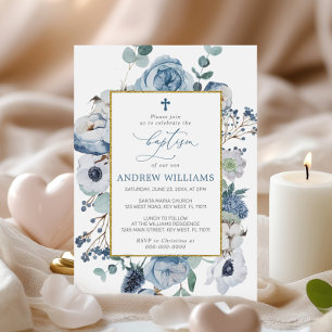 Bleu Rose Fleurs Baptême Invitation