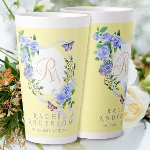 Bleu Rose ruban Chic Monogramme Jaune Latte Mug