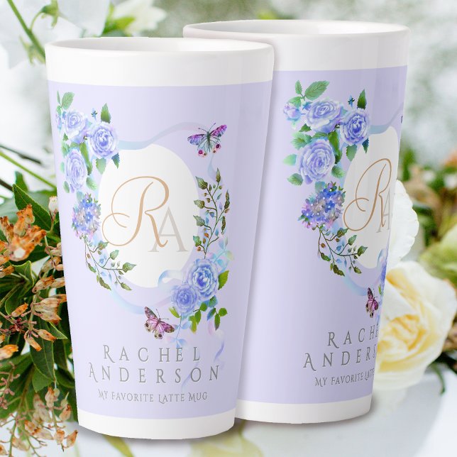 Bleu Rose Ruban Chic Monogramme Lat Violet Mug (Romantic Blue Rose Ribbon Monogram Purple Latte Mug.)
