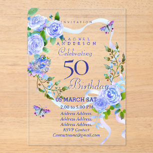 Bleu Rose Ruban Invitation d'anniversaire