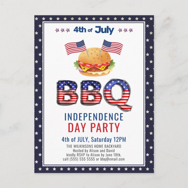 Bleu rouge 4 juillet BBQ Party Invitation (Devant)