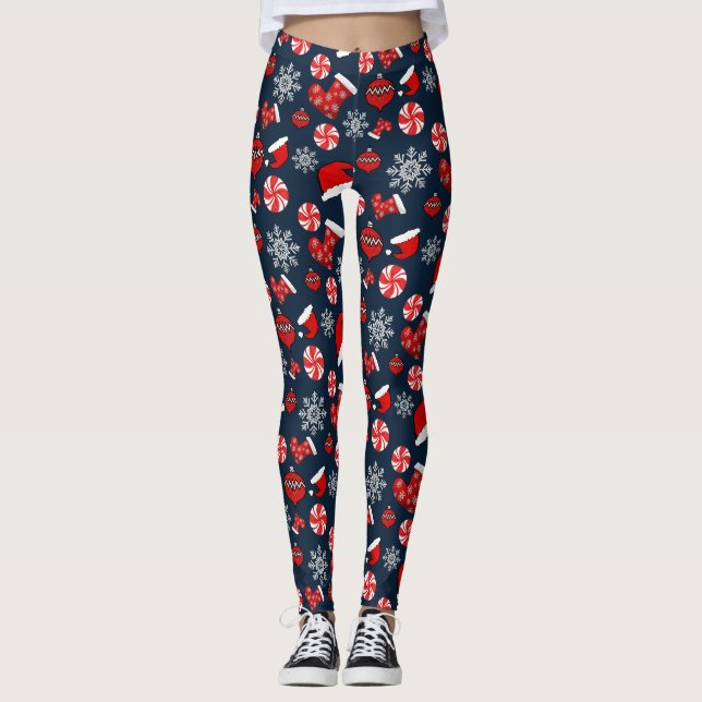Bleu Rouge Blanc Joyeux Leggings de Noël (Devant)