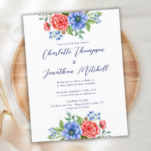 Bleu Rouge Floral Mariage patriotique Invitation