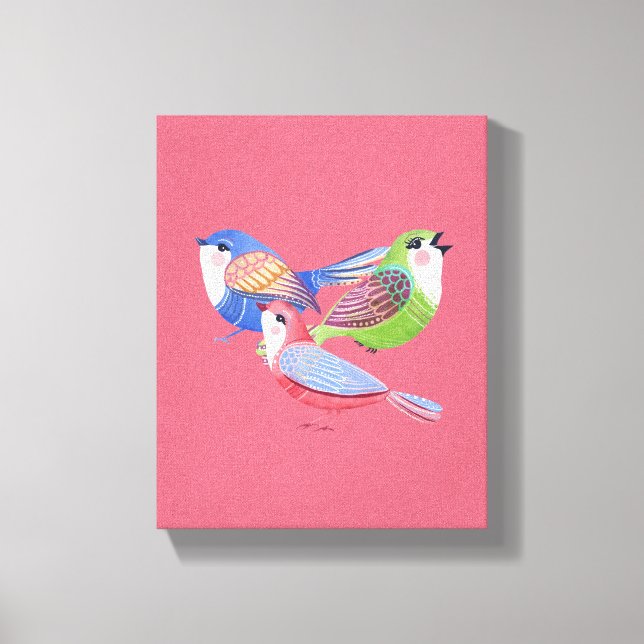 Bleu rouge Oiseaux verts toile d'art populaire Imp (Recto)