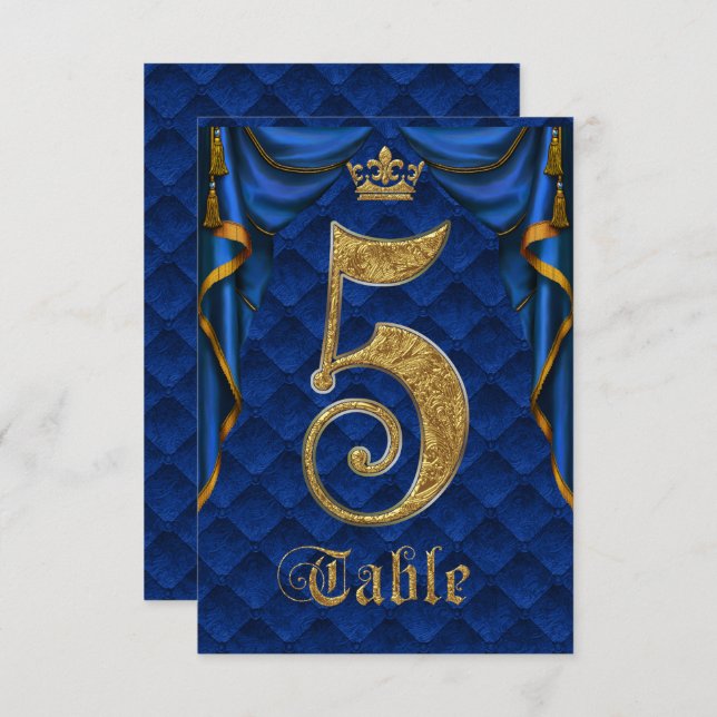 Bleu Royal Couronne d'Or Mariage Numéro de Table 5 (Devant / Derrière)