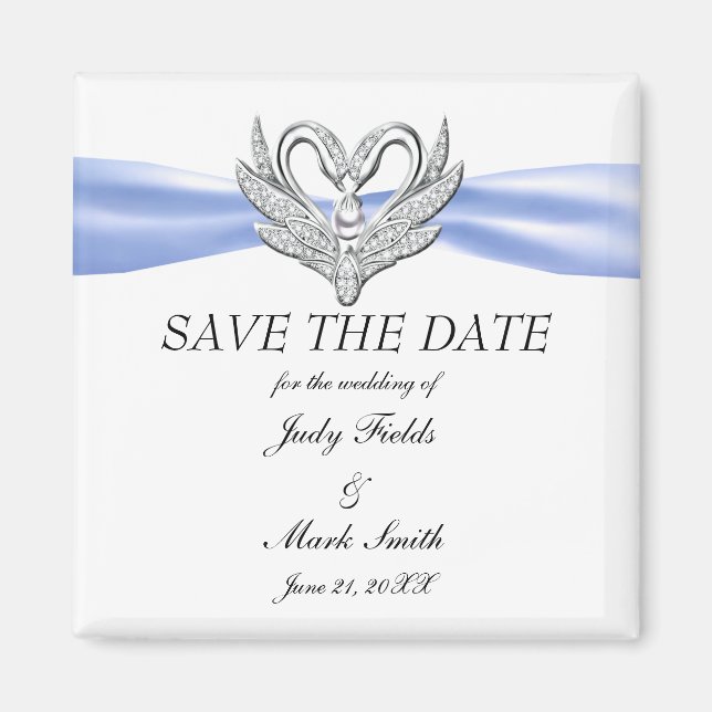 Bleu Ruban Cygnes En Argent Sauvez La Date Magnet (Devant)