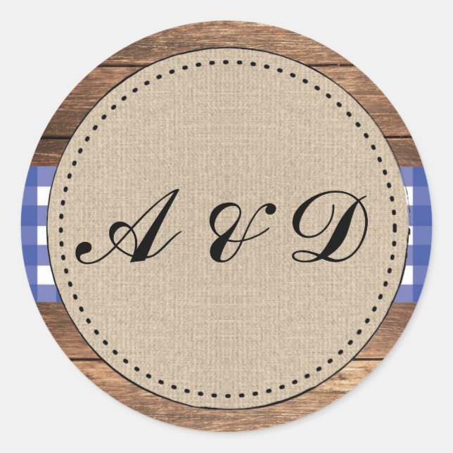 Bleu Rustique Burlap Bois Mariage Stickers Étiquet (Devant)