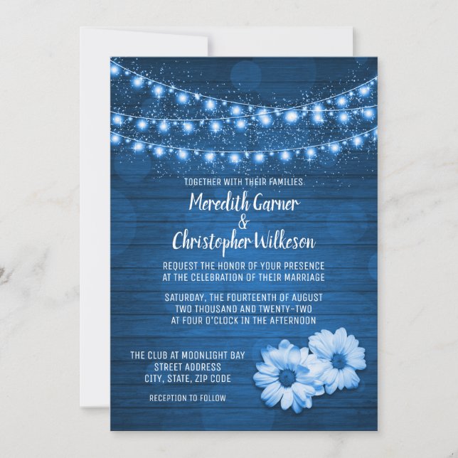 Bleu Rustique Chaîne Lumière Faire-part de mariage (Devant)